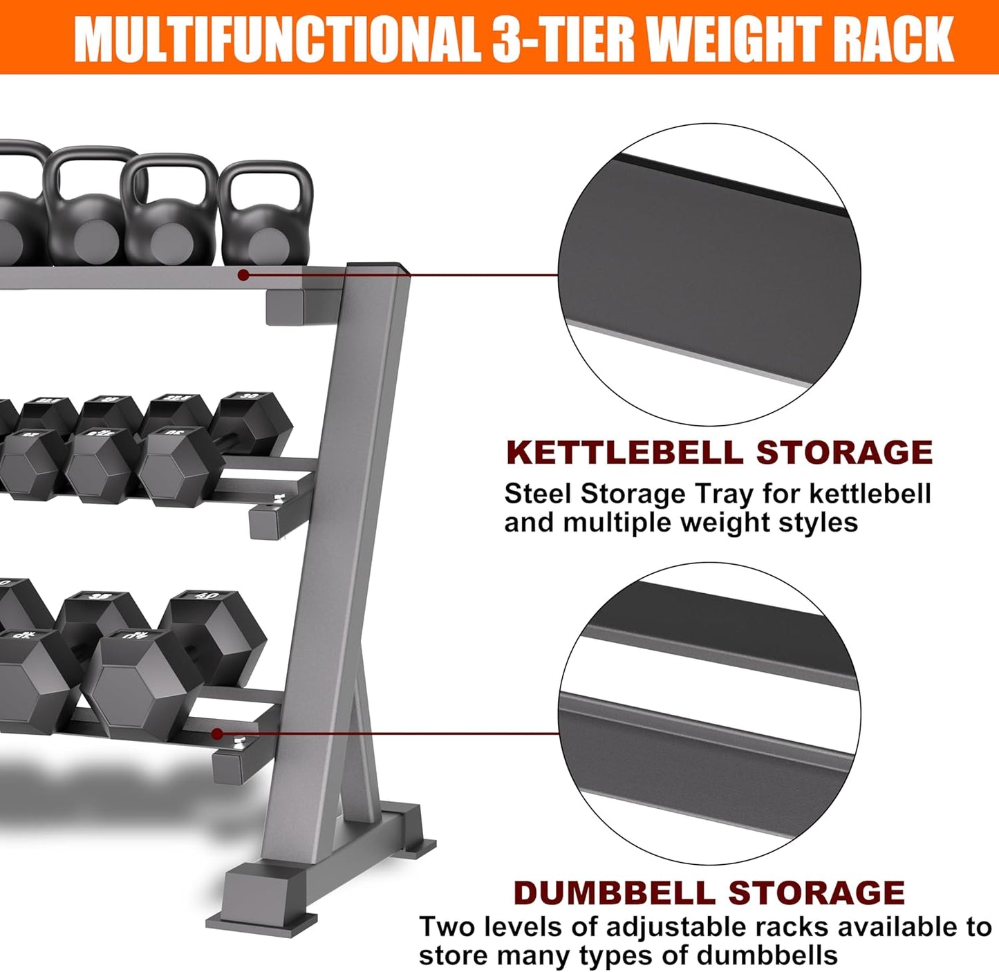 3 Tier Dumbbell Rack, 1200LBS Capacity Weight Rack for Home Gym Dumbbells & Kettlebell, Heavy-Duty Multilevel Free Weight Holder Storage Organizer, Dumbell Rack Stand Only