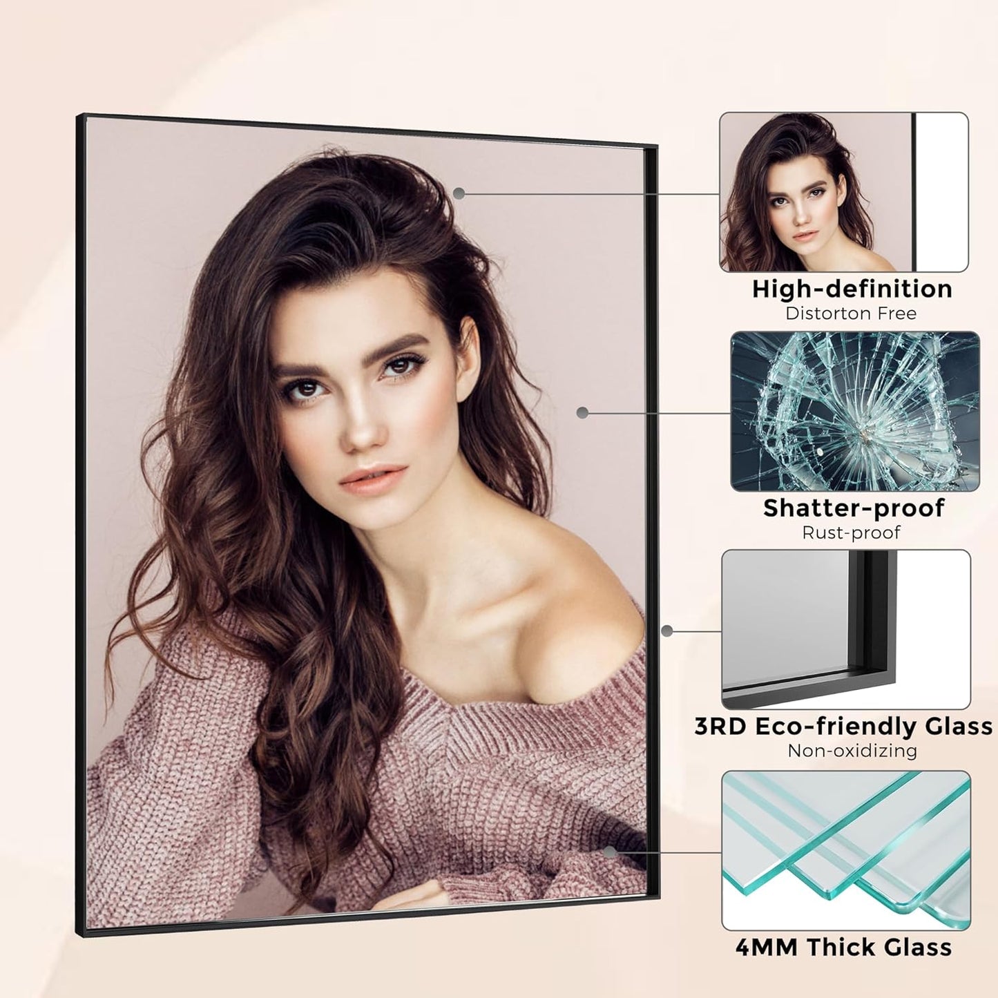 55x36 Inch Black Bathroom Mirror for Wall, Aluminum Frame Rectangle Rectangular Vanity Mirror, Modern Large for Bedroom, Living Room, Horizontal or Vertical