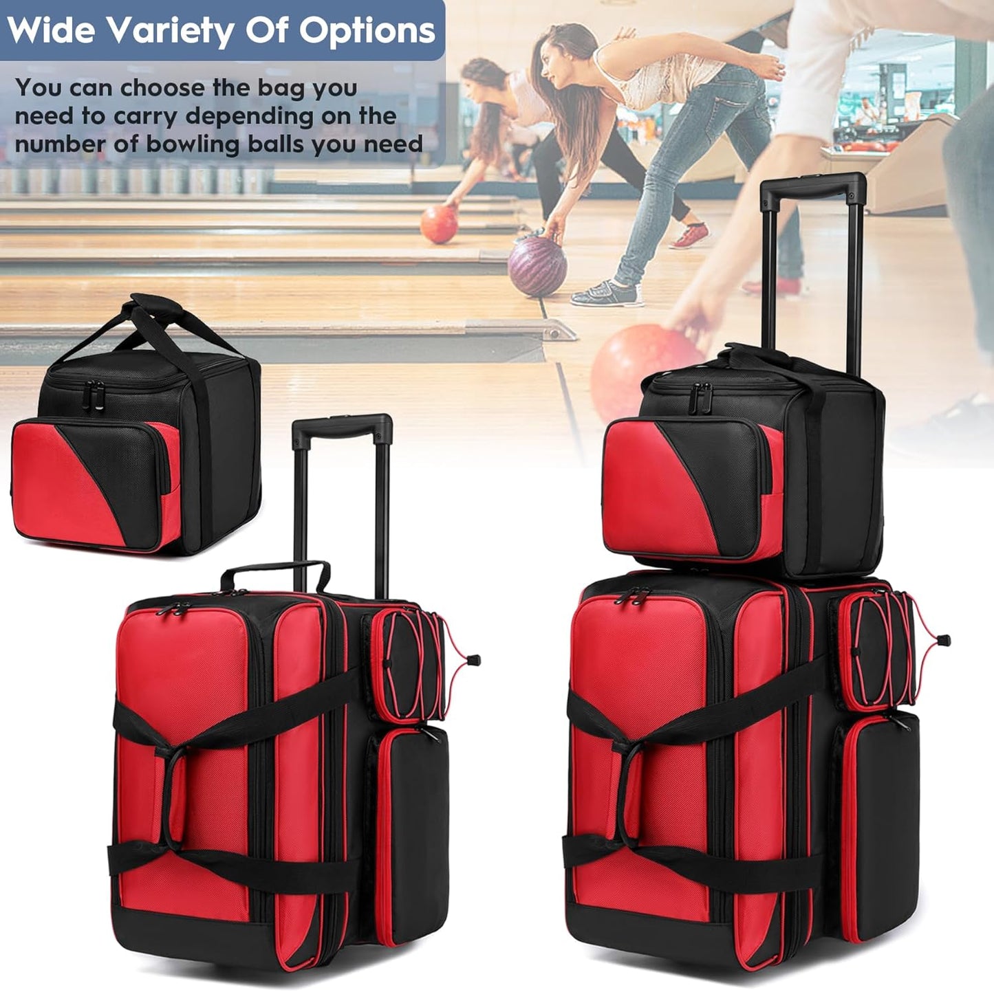 3 Ball Bowling Bag with Wheels, Bowling Bag 3 Ball Roller with Separate Shoe Compartment and Accessory Pocket, 2 Ball Roller Bag Plus Single Ball Tote