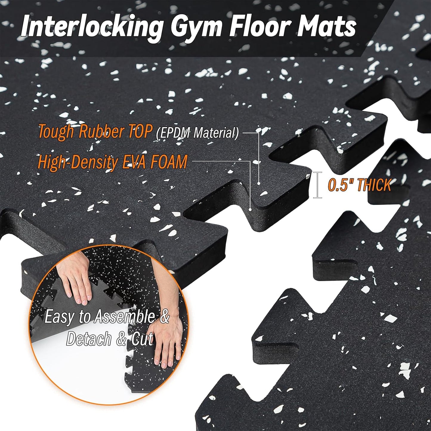 0.5" Thick Gym Flooring for Home Gym, RAINHOL 48 Sq Ft 12 Tiles EVA Foam with Rubber Top Exercise Equipment Mat, Interlocking Puzzle Workout Floor Mats for Garage, 24x24 inch