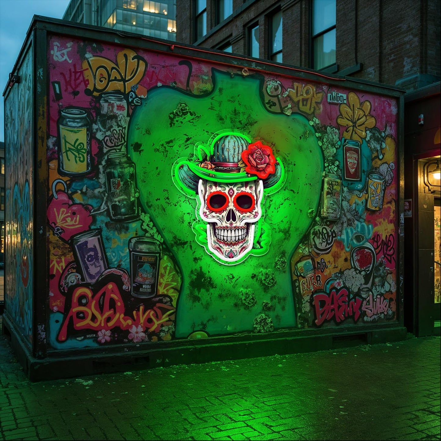 Day of the Dead Neon Sign - Mexican Sugar Skull LED Neon Light for Home & Bar Decor,UV Printed Art with Flexible LED Strip,Halloween & Día de Muertos Party Decoration(green)