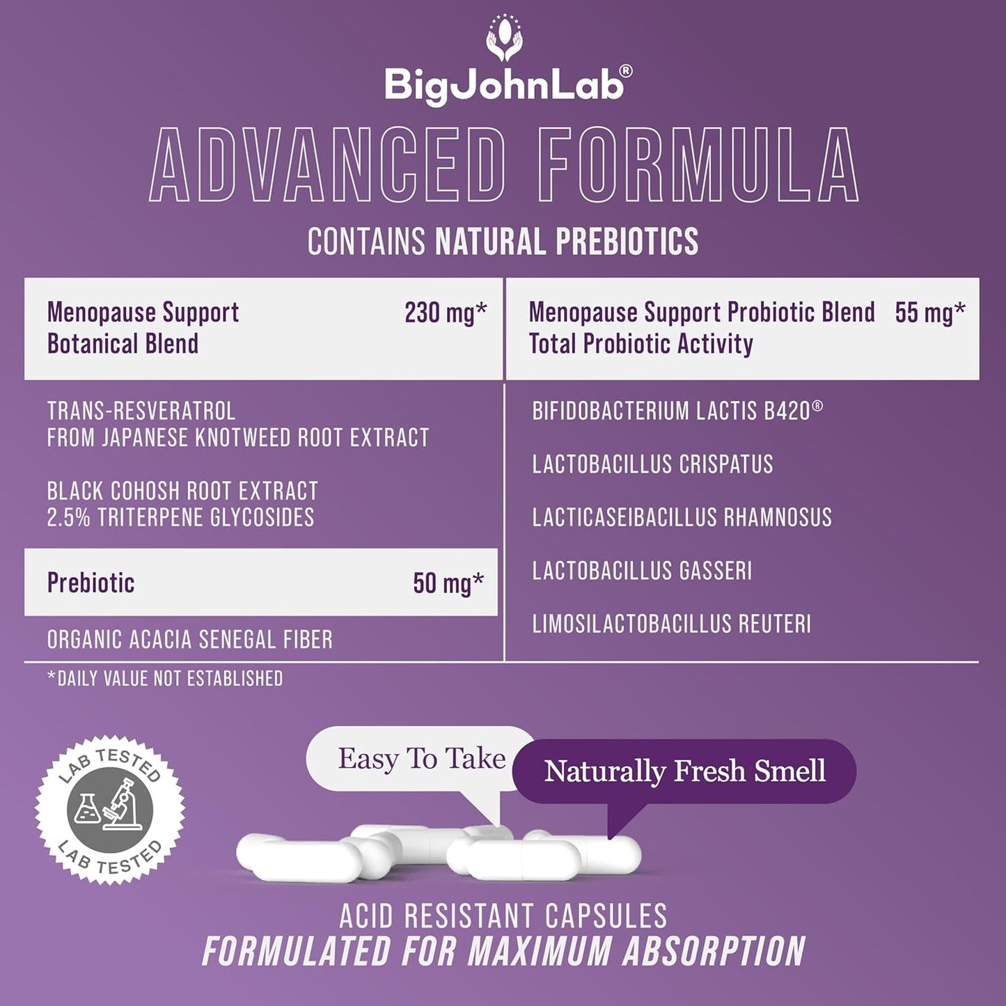 BIGJOHNLAB® - Menopause Total Support – Advanced Probiotic Formula with 5 Strains & 15 Billion CFU, Resveratrol, Black Cohosh, Acacia Fiber, Non-GMO & 100% Vegetarian