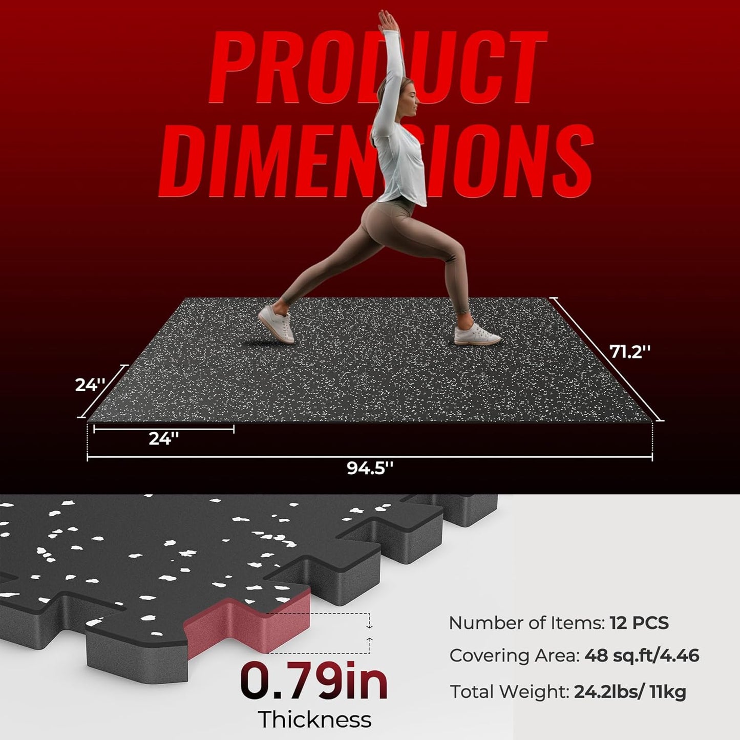 SUPERJARE 0.79'' Extra-Thick Exercise Equipment Mats, 12 Pcs 48 Sq Ft Rubber Top Floor Tiles with High Density EVA Foam, Interlocking Gym Flooring for Home Gym, Workout Mat, Black/Grey