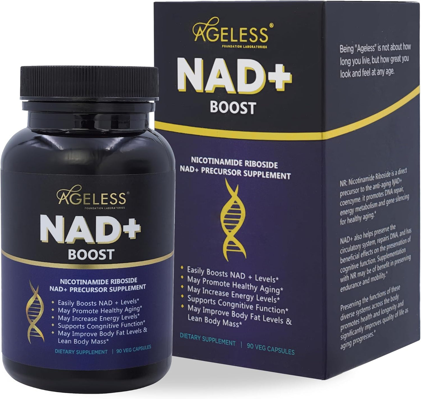 Ageless NAD Supplements for Women & Men | High Purity 300mg Nicotinamide Riboside Chloride | NMN Supplement for Anti-Aging | Support Energy, Focus, Body Fat and Cognitive Function - 90 Count