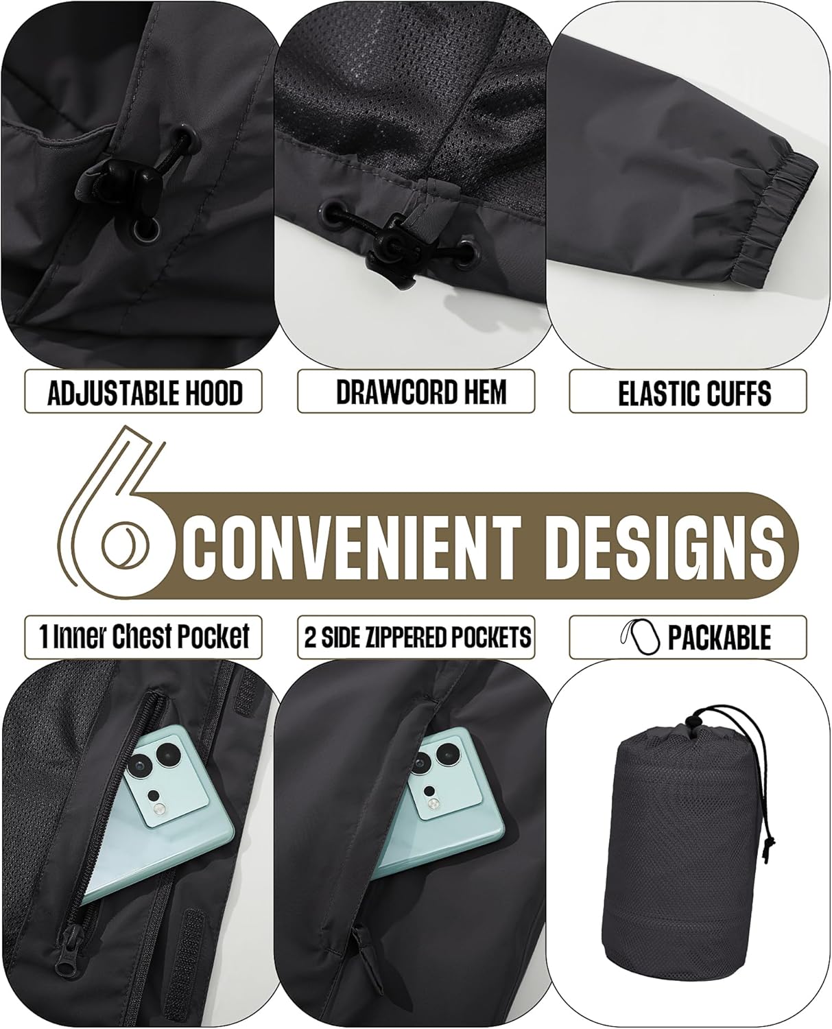 33,000ft Men's Packable Rain Jacket Waterproof Lightweight Raincoat Rain Shell with Hood for Outdoor Hiking Golf Travel