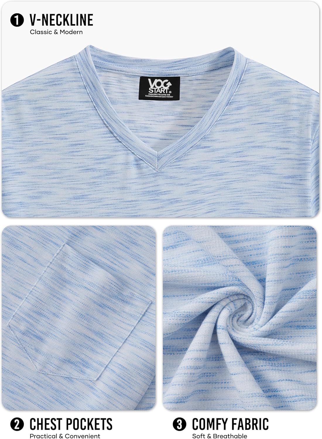 Men's V Neck T Shirts Casual Stylish Fitted Stretch Tee Shirt with Pocket (S-3XL)