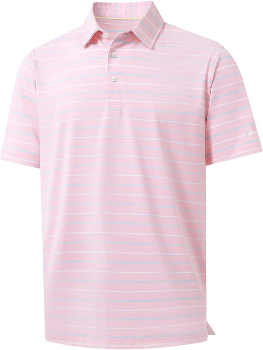 Rouen Mens Golf Shirt Moisture Wicking Dry Fit Performance Stripe Casual Collared Short Sleeve Golf Polo Shirts for Men