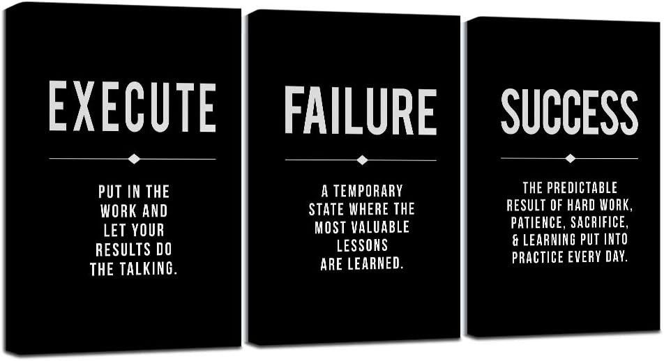 Framed Canvas Wall Art Success Quote, Office Wall Art, Black Large Poster, Positive Motivational Set of 3 Prints, Execute Failure Definition, Inspirational Print (A-3pcs,16x24inchx3pcs)
