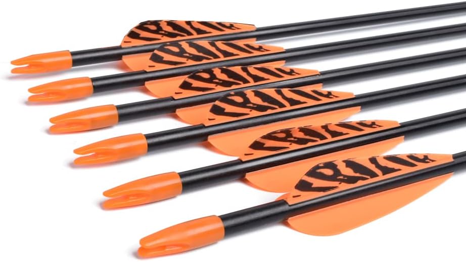 6875 Fiberglass Arrows Archery 24/26/28/30 Inch Target Shooting Safetyglass Recurve Bows Suitable for Youth Children Woman Beginner 6 or 12pcs/Pack (tigerspot Orange Vanes)