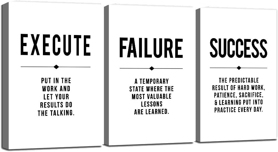 Framed Canvas Wall Art Success Quote, Office Wall Art, Black Large Poster, Positive Motivational Set of 3 Prints, Execute Failure Definition, Inspirational Print (D-3pcs,20x30inchx3pcs)