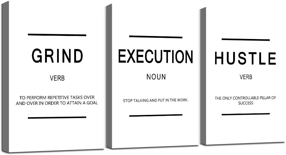 Inspirational Framed Canvas Wall Art - Grind Slogan, Success Quotes, Office Wall Art, Large Poster, Positive Motivational, Execute Poster (C-3pcs, 12x16in x3pcs)