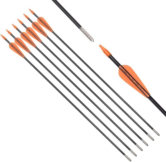 6875 Fiberglass Arrows Archery 24/26/28/30 Inch Target Shooting Safetyglass Recurve Bows Suitable for Youth Children Woman Beginner 6 or 12pcs/Pack (tigerspot Orange Vanes)