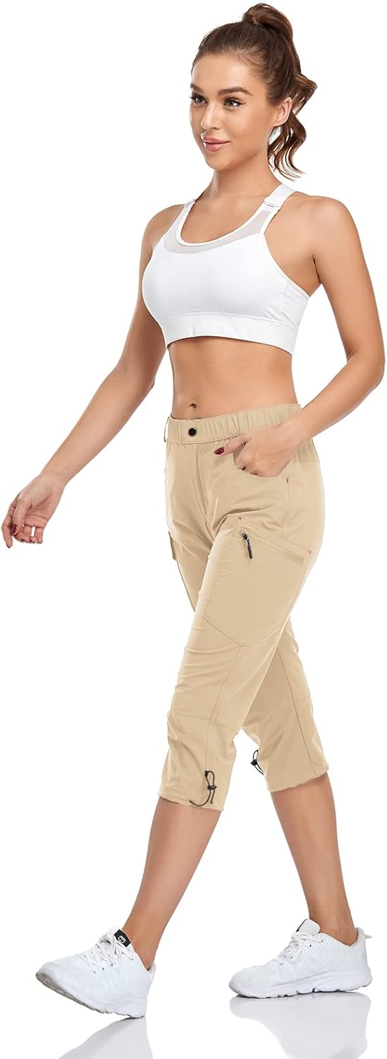 GymBrave Women's Hiking Cargo Pants Quick Dry Outdoor Camping Capris Water Resistant UPF 50 with Zipper Pockets