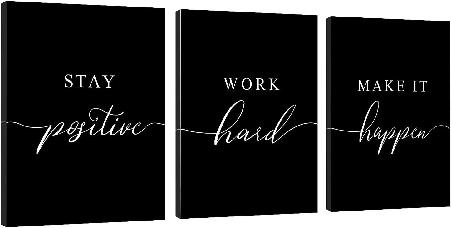 Work Hard Painting,Framed Canvas Wall Art Positive Quote, Office Wall Art, Black Large Poster, Positive Motivational Set of 3 Prints, Inspirational Print (E-3pcs,24x36inchx3pcs)