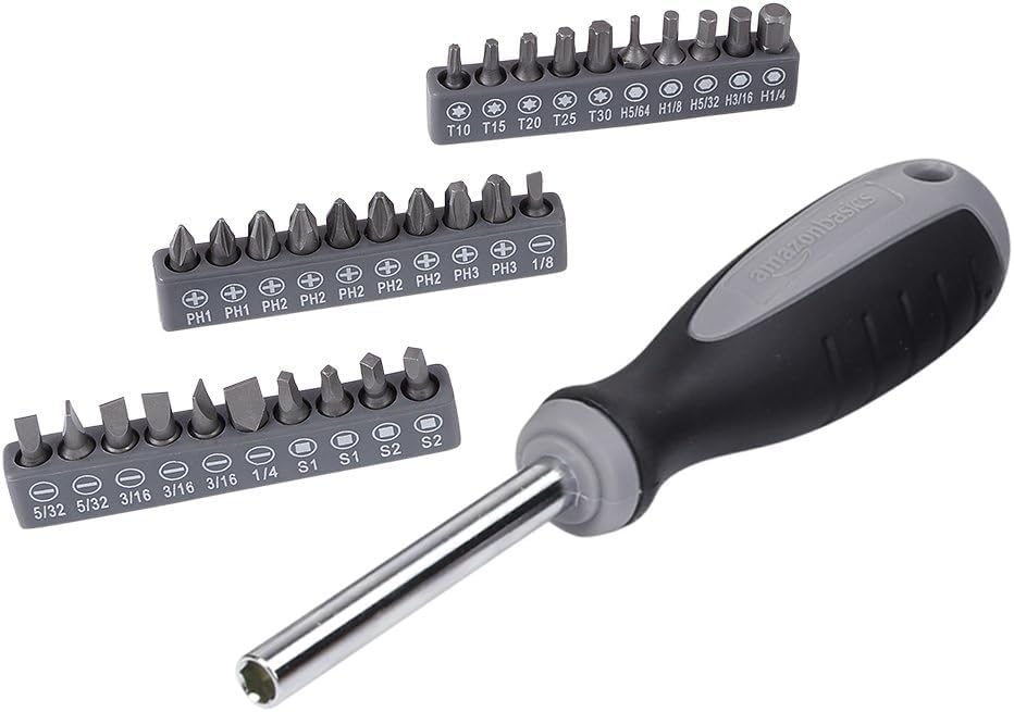 Amazon Basics 65 Piece Home Basic Repair Tool Kit Set With Bag, Silver, Black