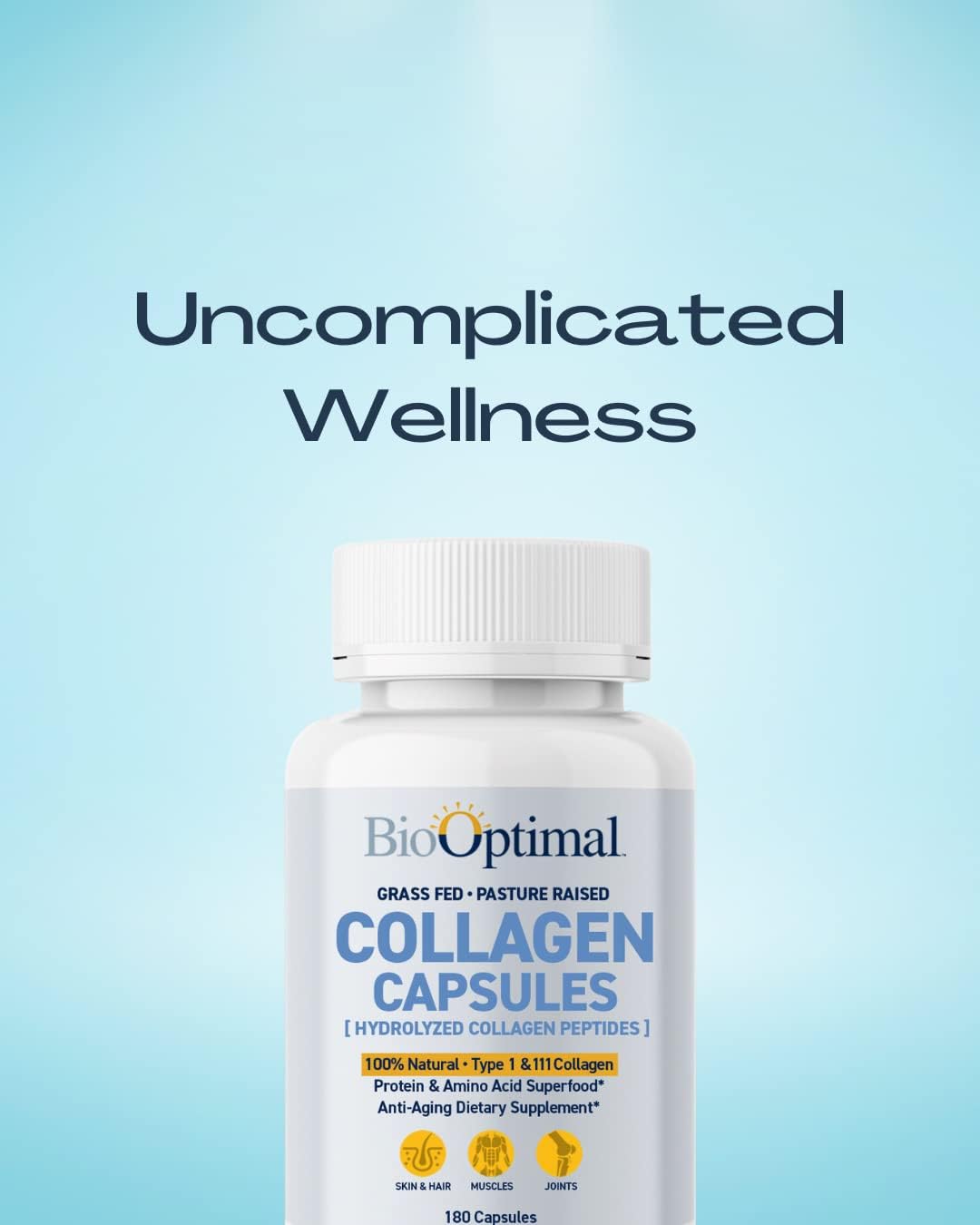 Collagen Peptides Capsules - Grass-Fed, Pasture-Raised Hydrolyzed Protein Supplement for Skin, Hair, & Nails - Non-GMO, Zero Sugar Daily Pills for Men & Women (180 Capsules)