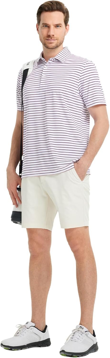 Rouen Mens Polo Shirts Short Sleeve Dry Fit Performance Moisture Wicking Causal Striped Polo Collared Golf Shirts for Men