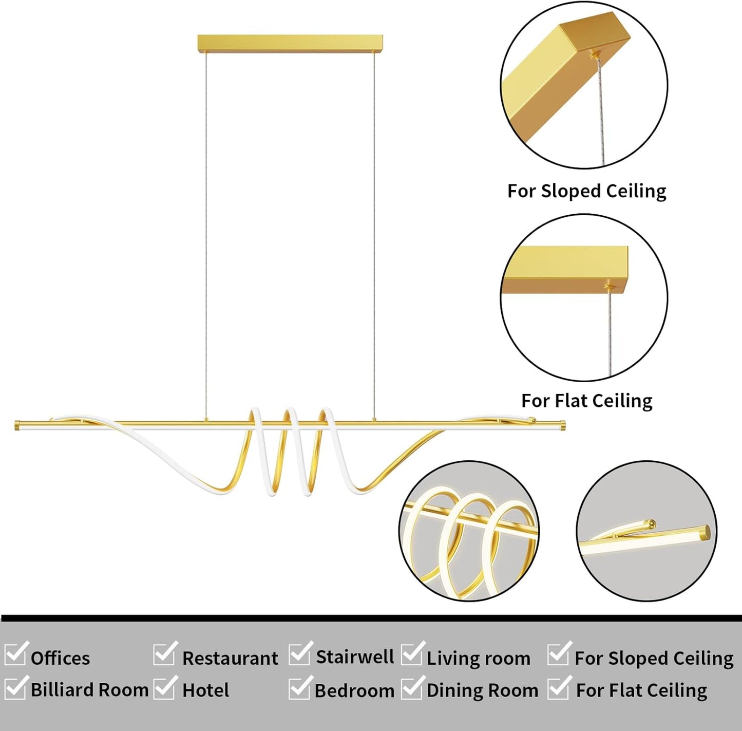 Modern LED Pendant Lights Kitchen Island, 57in Gold Chandelier Dimmable with Remote Control 3000k-6000K Adjustable, Aluminum Island Lighting Lamp Fixture for Kitchen, Dining Room