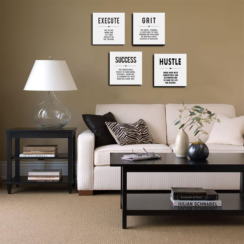 Motivational Grit Success Execute Hustle White Quotes Canvas Wall Art -Inspirational Wall Art Poster Canvas Artwork Picture Print Framed for Home Bedroom-12 x12 x4pcs