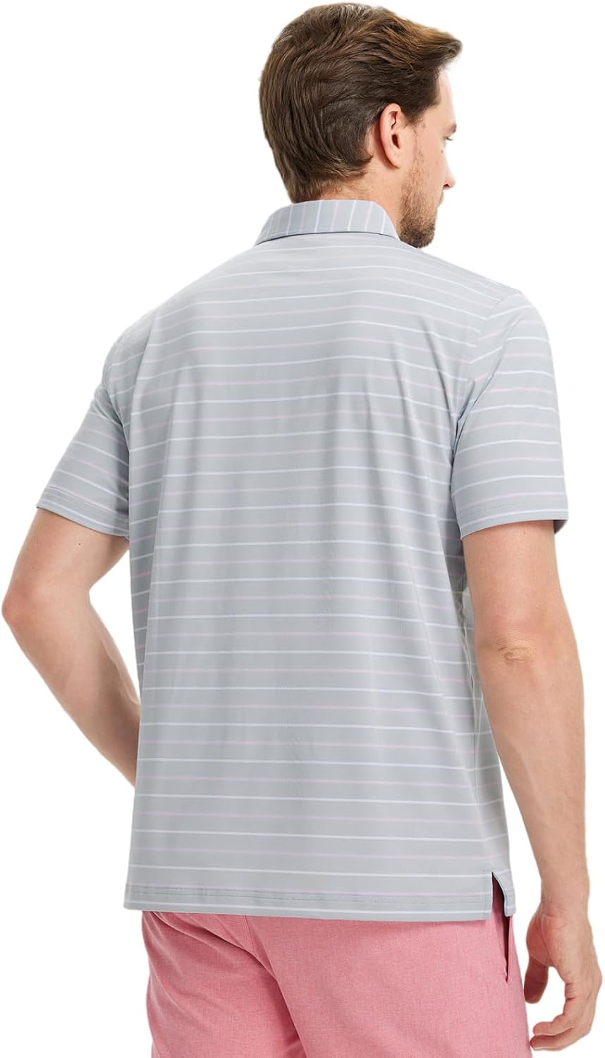 Rouen Mens Golf Shirt Moisture Wicking Dry Fit Performance Stripe Casual Collared Short Sleeve Golf Polo Shirts for Men