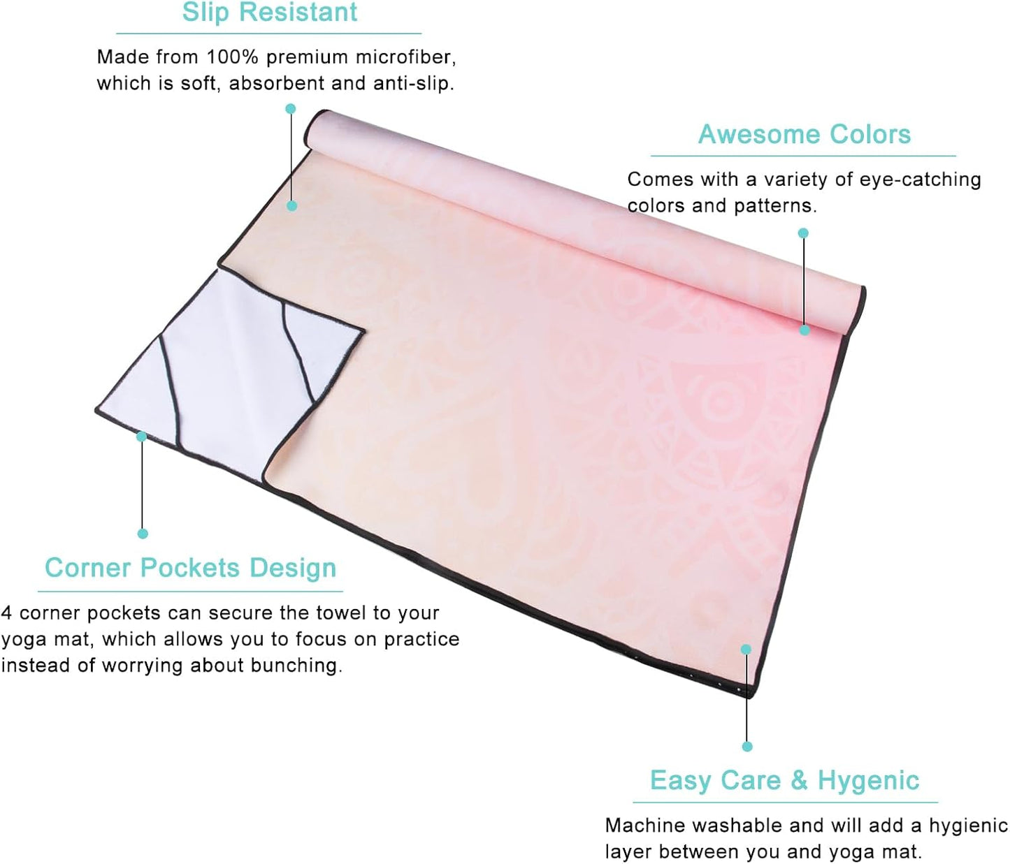 QiyI Yoga Mat Towel with Corner Pockets, Non Slip Sweat Absorbent Hot Yoga Towels, Soft Yoga Blankets with Travel Bag, Skidless Mat Cover for Workout, Gym, Fitness - 70"x26", Gradient Mandala