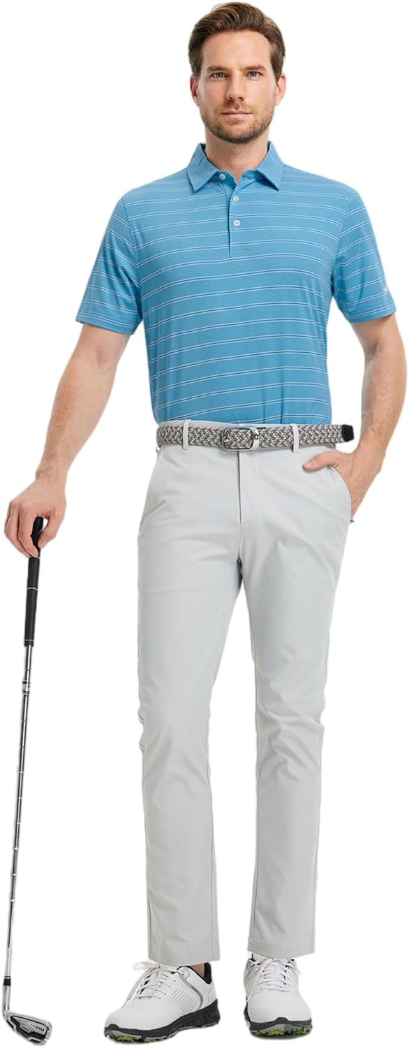 Rouen Polo Shirts for Men Dry Fit Performance Heather Stripe Golf Polo Moisture Wicking Lightweight Breathable Golf Shirts