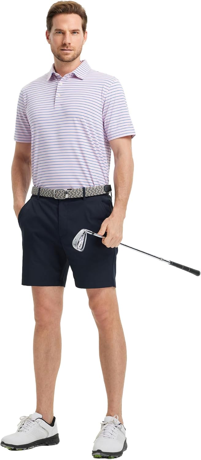Rouen Mens Polo Shirts Short Sleeve Dry Fit Performance Moisture Wicking Causal Striped Polo Collared Golf Shirts for Men