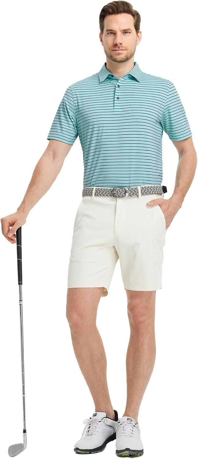 Rouen Mens Polo Shirts Short Sleeve Dry Fit Performance Moisture Wicking Causal Striped Polo Collared Golf Shirts for Men
