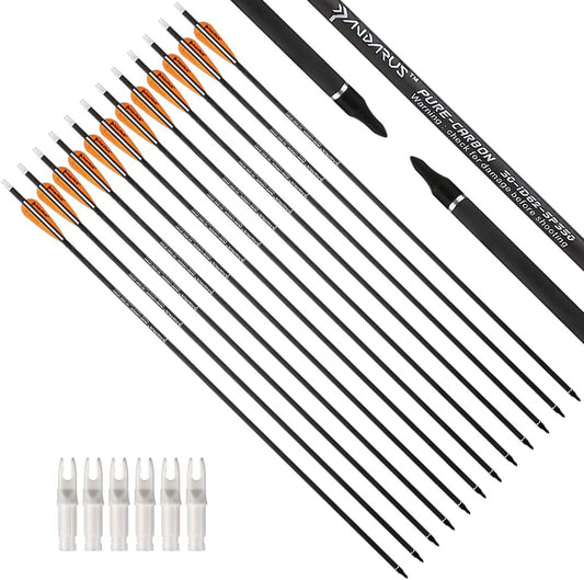 30/32" Inch ST0.006 Hunting Arrows for Compound & Recurve Bow,100% Carbon Archery Target Arrows with Removable Tips for Accurate Hunters & Bowhunters (Pack of 12)