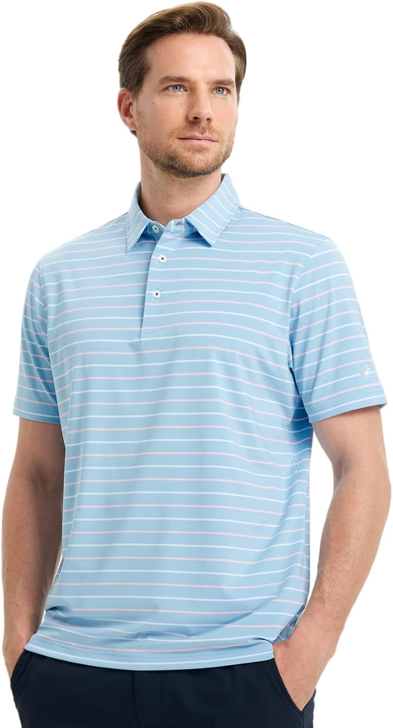 Rouen Mens Golf Shirt Moisture Wicking Dry Fit Performance Stripe Casual Collared Short Sleeve Golf Polo Shirts for Men
