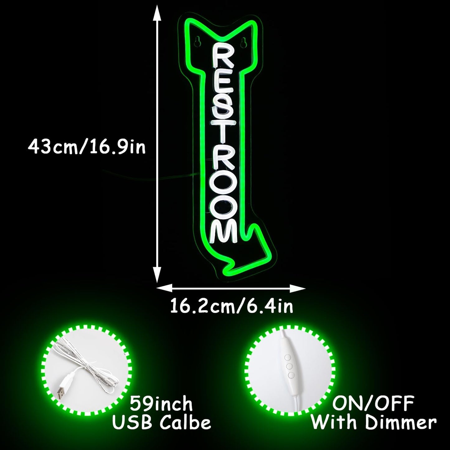 Restroom Neon Sign for Wall Decor Toilet Neon Light Arrow Led Neon Signs White Green LED Neon Lights Bathroom Led Sign for Restroom Hotel Bar(Right Arrow)