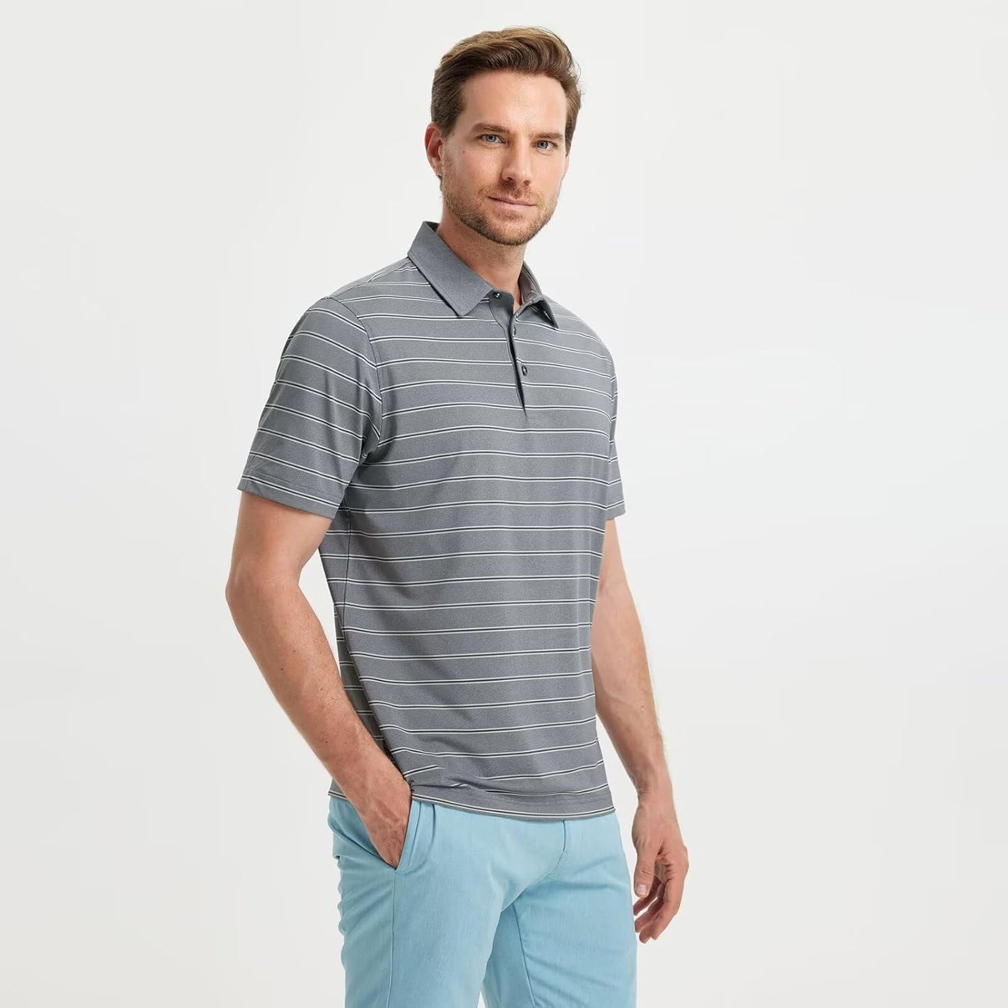 M MAELREG Golf Shirts for Men Moisture Wicking Striped Polo Performance Dry Fit Business Sports Mens Polo Shirts Short Sleeve