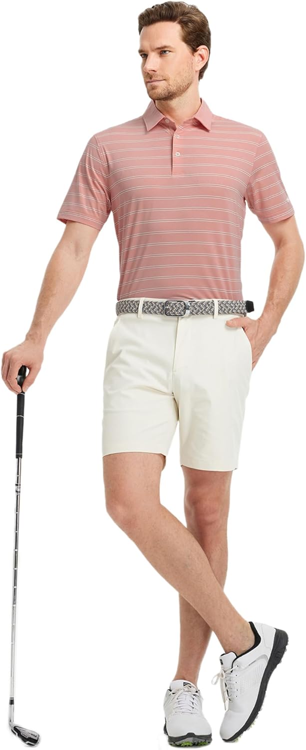 Rouen Polo Shirts for Men Dry Fit Performance Heather Stripe Golf Polo Moisture Wicking Lightweight Breathable Golf Shirts