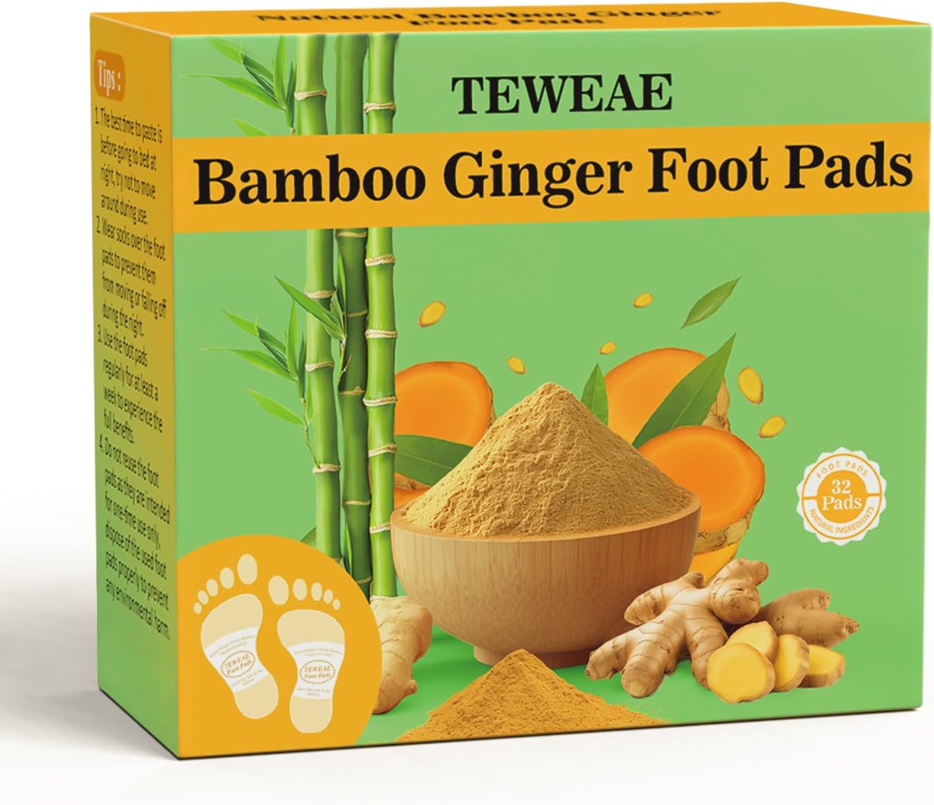 32 Pads Foot Pads -with Pure Natural Turmeric & Ginger, Wormwood, Bamboo Vinegar, Bigger Adhesive Pad Ginger Foot Pads