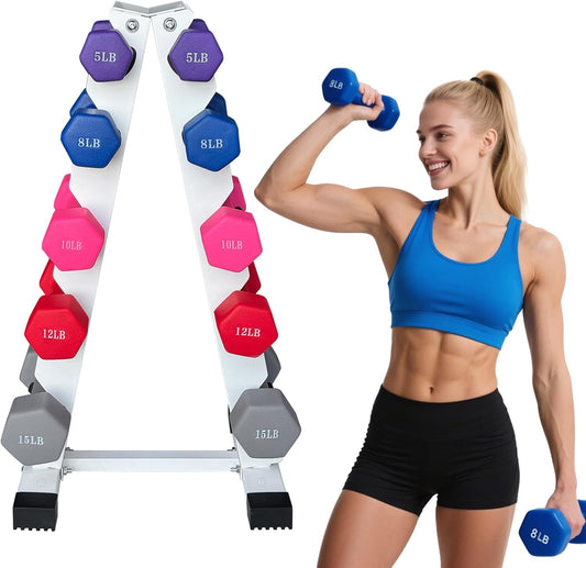 6-10 Pair Iron and Rubber Dumbbell Set 350/450 and 550 lbs 5-50 lbs Hand Free Weight for Strength Hex Coated Weights with Vertical Storage Rack Home Gym 5-50 lb - Black