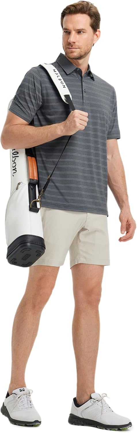 Rouen Polo Shirts for Men Dry Fit Performance Heather Stripe Golf Polo Moisture Wicking Lightweight Breathable Golf Shirts