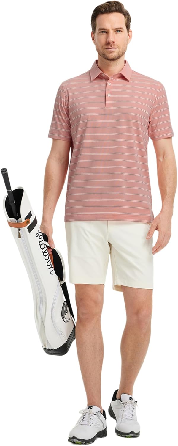 Rouen Polo Shirts for Men Dry Fit Performance Heather Stripe Golf Polo Moisture Wicking Lightweight Breathable Golf Shirts