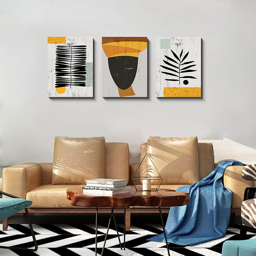 Framed Canvas Wall Art African Ethno Motive Wall Art Set, Abstract Ethno Art, African American Woman Portrait, Black Orange Print, Contemporary Collage, Minimalist (S-3pcs,20x30inchx3pcs)