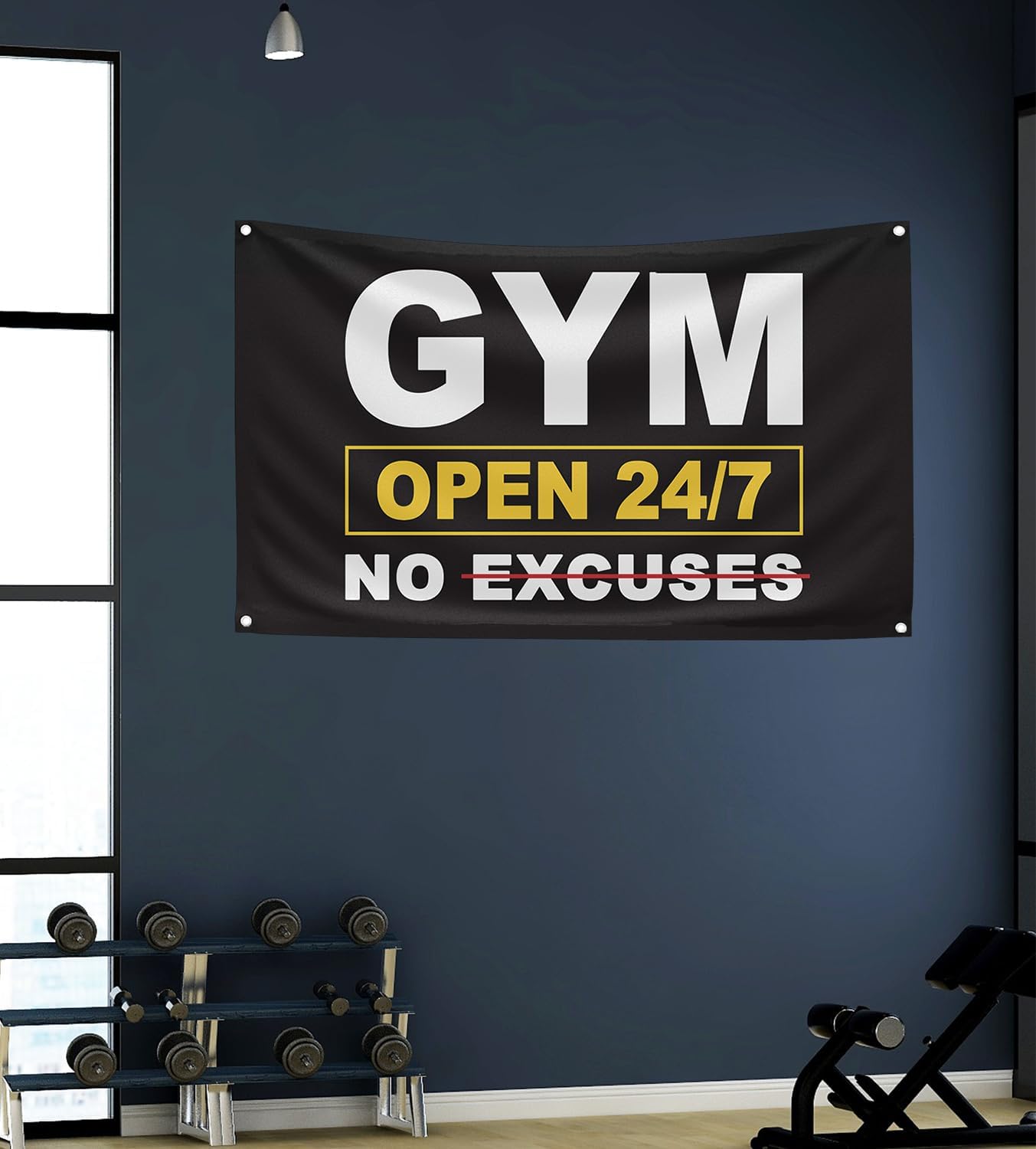 GYM OPEN 24/7 INDOOR NO EXCUSES Motivational Gym Banner, 3x5 Ft Single-sided Printing Inspirational Wall Decor Flag, Perfect Motivational Wall Decor, Keep Motivated and Passion with Gym Flag
