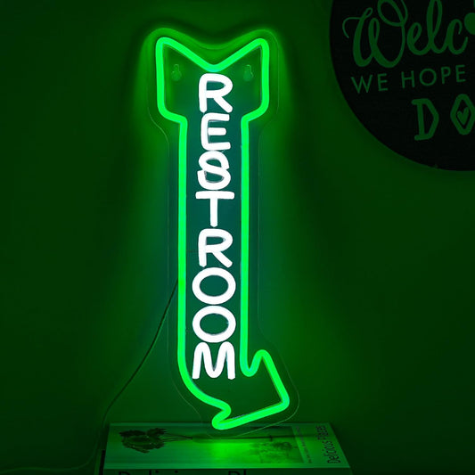 Restroom Neon Sign for Wall Decor Toilet Neon Light Arrow Led Neon Signs White Green LED Neon Lights Bathroom Led Sign for Restroom Hotel Bar(Right Arrow)