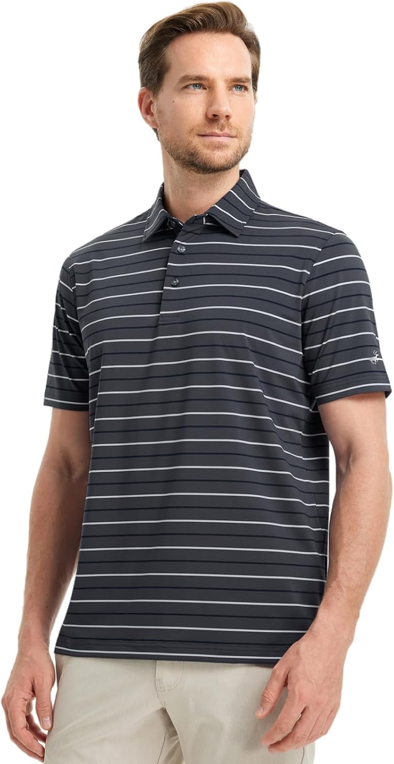 Rouen Mens Golf Shirt Moisture Wicking Dry Fit Performance Stripe Casual Collared Short Sleeve Golf Polo Shirts for Men