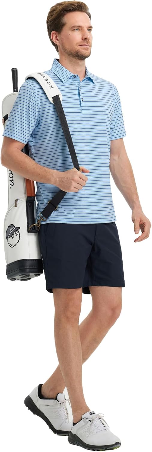 Rouen Mens Polo Shirts Short Sleeve Dry Fit Performance Moisture Wicking Causal Striped Polo Collared Golf Shirts for Men