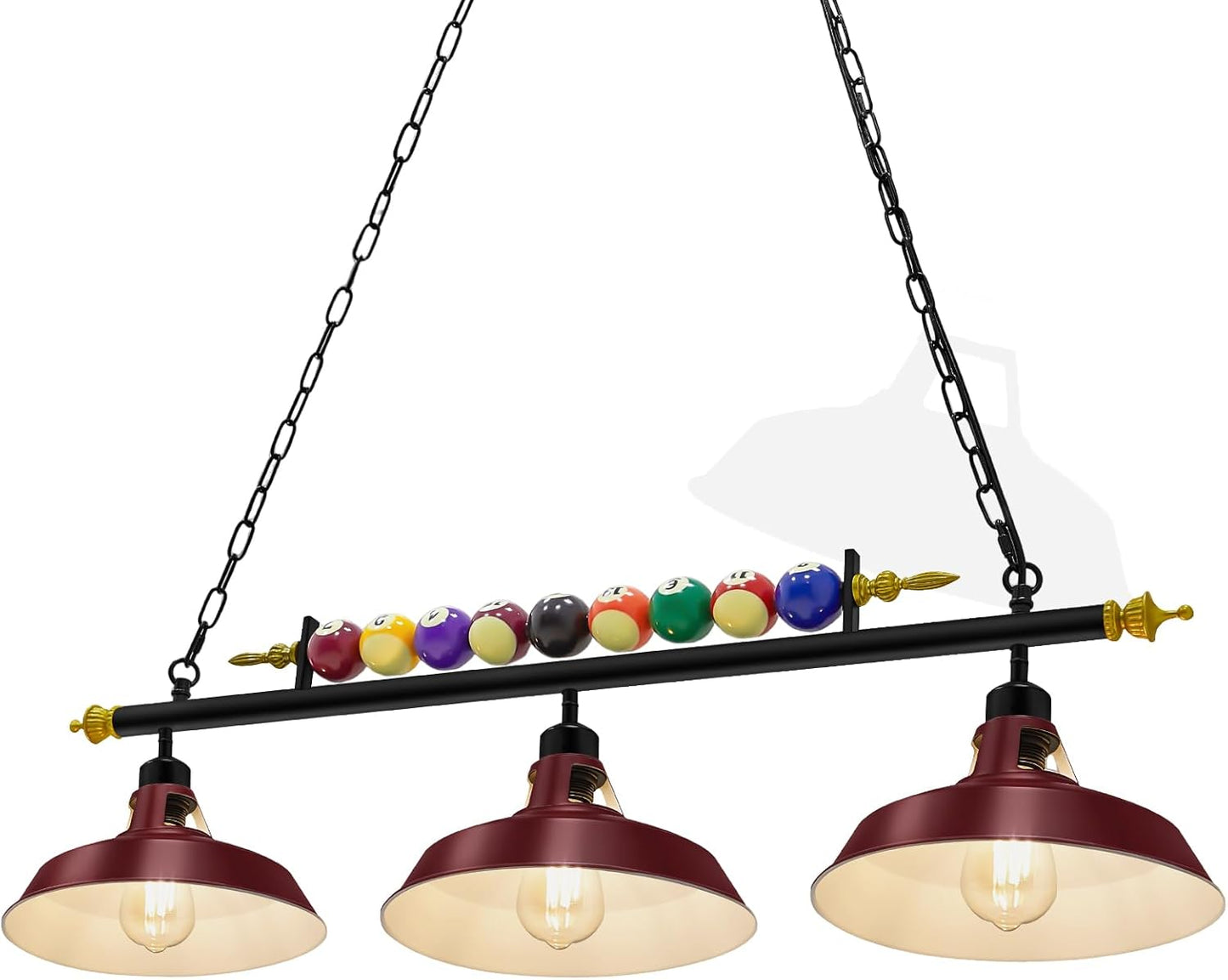 3 Lights Adjustable Pool Table Lights for 7'-8' Billiard Light Hanging Pool Table Light Fixture Lighting Pendant Lamp with Metal Shades for Game Rooms, Bulb Not Included(Burgundy Red)