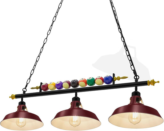 3 Lights Adjustable Pool Table Lights for 7'-8' Billiard Light Hanging Pool Table Light Fixture Lighting Pendant Lamp with Metal Shades for Game Rooms, Bulb Not Included(Burgundy Red)