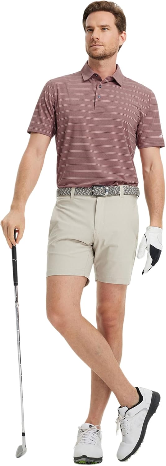 Rouen Polo Shirts for Men Dry Fit Performance Heather Stripe Golf Polo Moisture Wicking Lightweight Breathable Golf Shirts