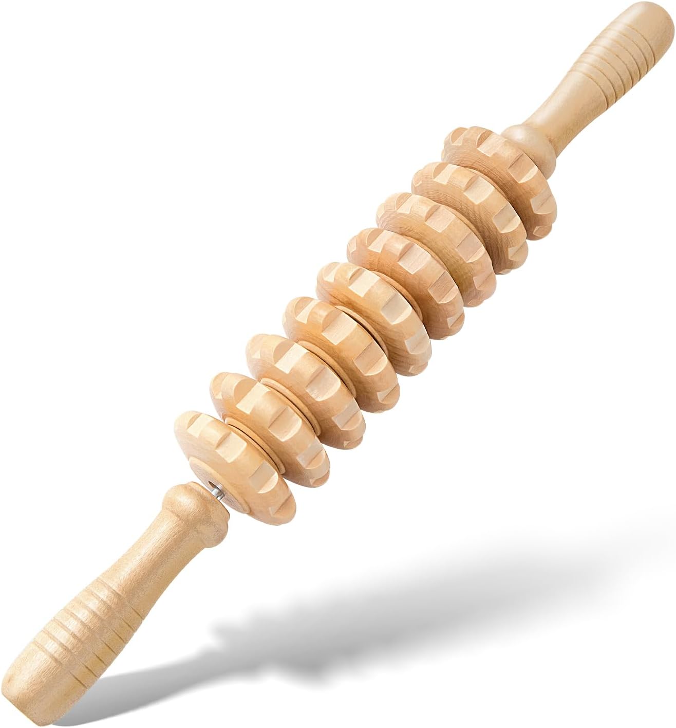 Wooden Cellulite Massage Roller for Legs and Thighs - Handheld Fascia Blaster Tool for Muscle Relief, Lymphatic Drainage & Body Sculpting - Anti Cellulite Massager for Women and Men (9 Wheel)