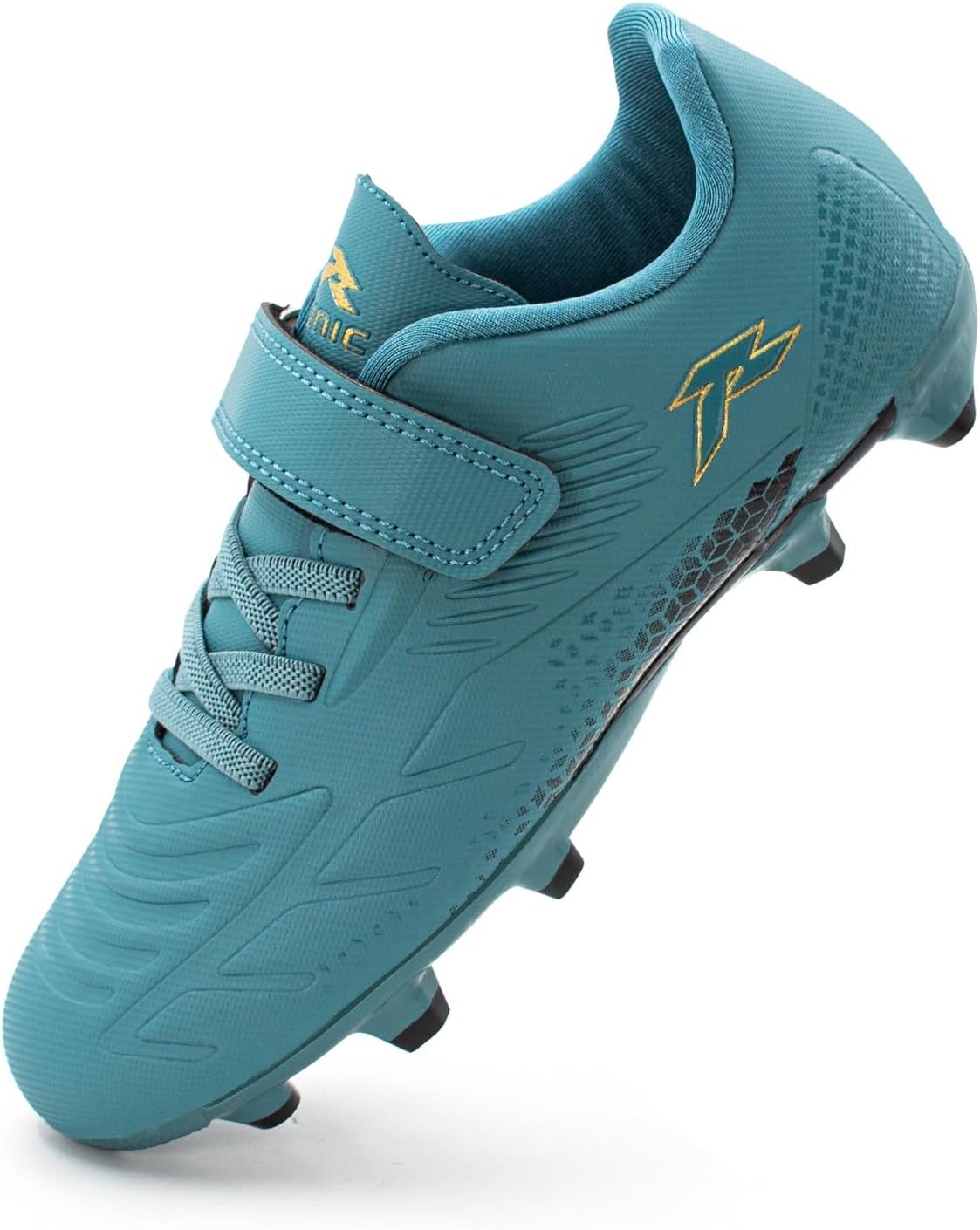 RUNIC Kids Soccer Cleats for Boys and Girls - Small and Big Kid Athletic Outdoor Football Shoes - Firm Ground - Hook and Loop Closure - Black/Gold