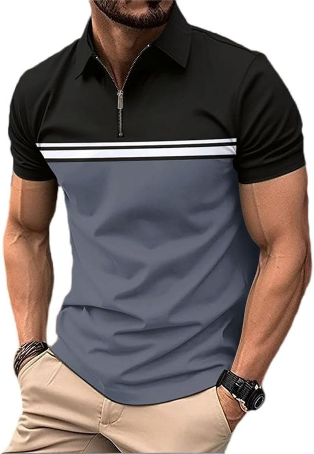Men's Casual Polo Shirts Short Sleeve Fashion Golf Shirt Classic Striped Slim Fit T-Shirts