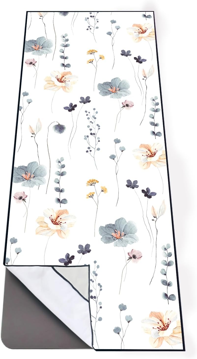 QiyI Floral Yoga Mat Towel with Corner Pockets, Non Slip Sweat Absorbent Hot Yoga Towels, Soft Yoga Blankets with Travel Bag, Mat Cover for Workout, Gym, Fitness - 70"x26", Watercolor Flowers