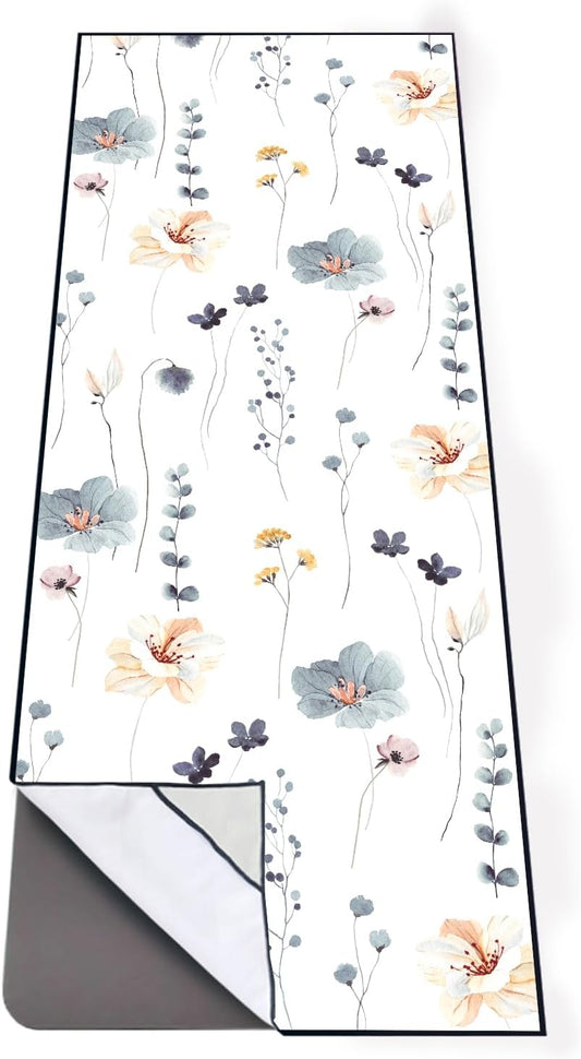QiyI Floral Yoga Mat Towel with Corner Pockets, Non Slip Sweat Absorbent Hot Yoga Towels, Soft Yoga Blankets with Travel Bag, Mat Cover for Workout, Gym, Fitness - 70"x26", Watercolor Flowers